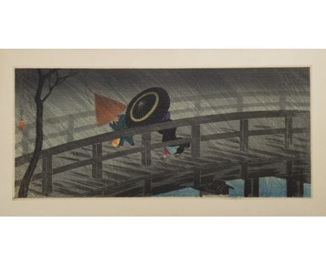 Japanse houtsnede van de Izumi brug in de regen. Op papier, door Hiroaki "Shotei" Takahashi (1871-1945). Gesigneerd aan de li