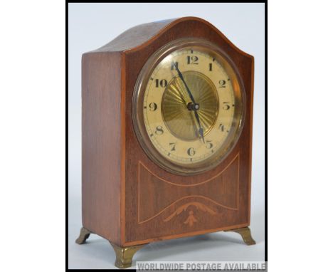 An Edwardian HAC - Hamburg America Clock mahogany inlaid mantel clock with engine turned face having inset brass movement H18