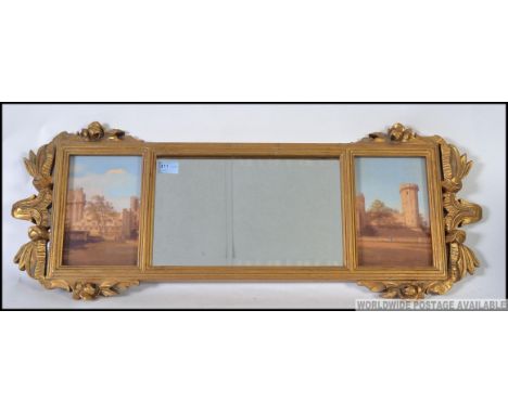 An over mantle mirror with central mirrored panel flanked by two ceramic panels W88cm