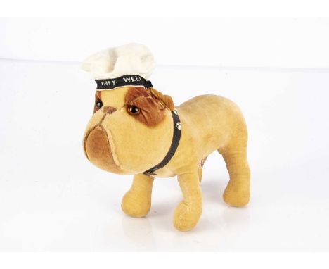 A fine Chad Valley Navy Week standing bulldog 1930s,  of pale brown velvet with brown patches, orange and black glass eyes, b