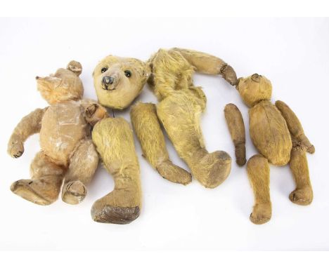 Three British Teddy Bears to restore, one with golden mohair and clear and black oily glass eyes, 1915-20s —17 1/4in. (44cm.)