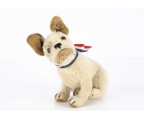 A rare Steiff alternative seated Bully French Bulldog 1933-35, with beige wool plush, brown and black patch stripes, brown an