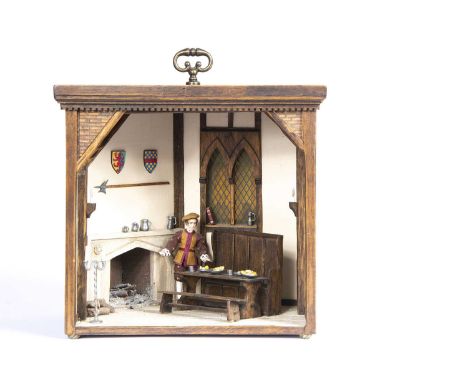 A Jim Hensley Trigger Pond 1/24th scale Tudor Man modern miniaturist dolls’ house room box, housed within a drawer, a man wit