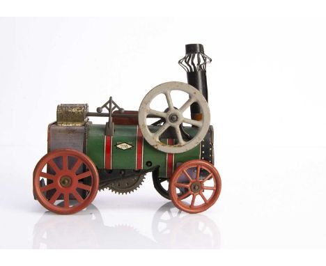 A German clockwork lithographed tinplate Toy Traction Engine circa 1930, probably by Orobr, lithographed green and red with w
