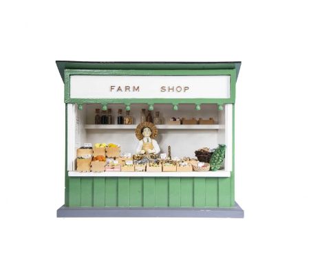 A wooden modern miniaturist dolls’ house Farm Shop stall, painted green, white and grey with an array of products, scales and
