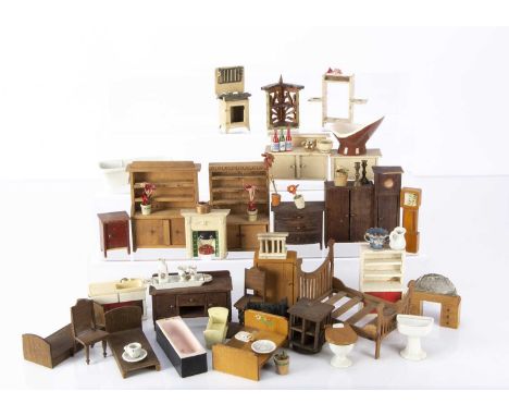 Various dolls’ house furniture, a German painted plant stand with flower pots —3 1/2in. (9cm.) high; a Pit-a-Pat dresser with