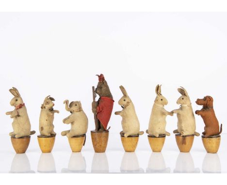 A rare mixed group of Steiff  animal skittles circa 1907, the Kingpin of brown burlap plush, black boot button eyes and nose,