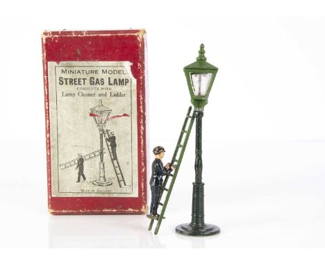 A John Hill &amp; Co hollow-cast lead Street Gas Lamp, lamp —5 3/4in. (14.5cm.) high, lamp cleaner and ladder, in original bo