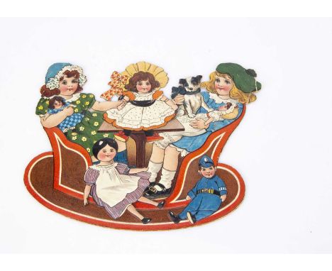 Two rare Raphael Tuck &amp; Sons Nursery Rockers with dolls circa 1908, chromolithographic embossed cardboard with hinged rig