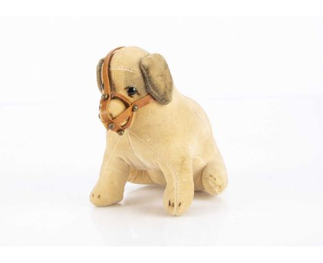 A small early German velvet puppy in muzzle 1910-20, with cream velvets, airbrushed patch around ears, black boot button eyes
