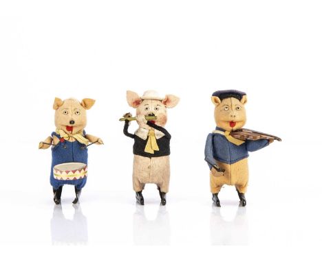 Schuco clockwork Walt Disney’s Silly Symphony The Three Little Pigs 1930s,  pink felt covered tinplate with tinplate eyes, fe