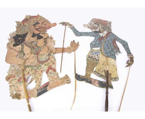 Twenty-two Indonesian Wayang Shadow Puppets circa 1930, various figures including Aryuma, Kumbakarna, Gareng, Bayong, Bima an