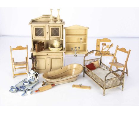 Large scale dolls’ house furniture and chattels,  a German cream painted dresser —11in. (28cm.), a turned wooden wash jug and