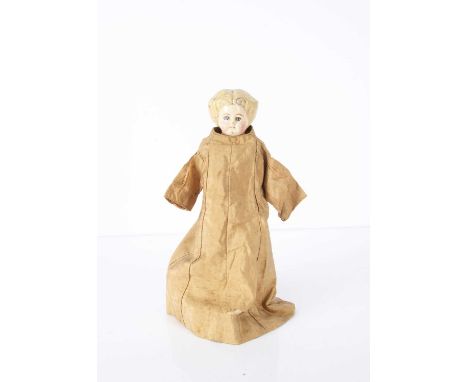 A Greiner-type papier-mache shoulder head doll, with blue painted eyes, blonde painted and moulded centre parted hair in ring