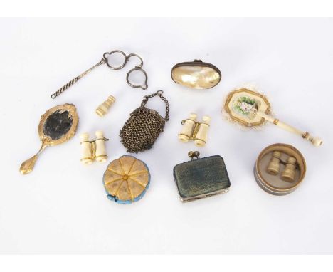 Fashion doll accessories,  three bone Stanhope binoculars and a monocular (two missing views); a face screen with turned wood