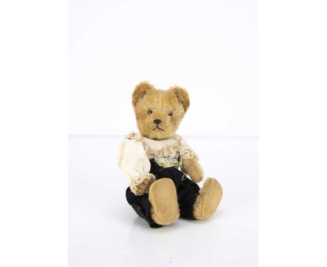 Roderick - a rare post-war Schuco yes/no Teddy Bear in lederhosen,  with beige mohair head, hands, legs and tail, clear and b