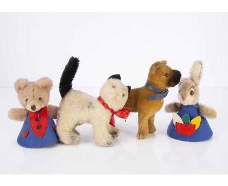 Post-war Steiff animals, a Teddy Bear and Rabbit felt covers for a surprise —5in. (13cm.) height of bear; a boxer and cat (sl