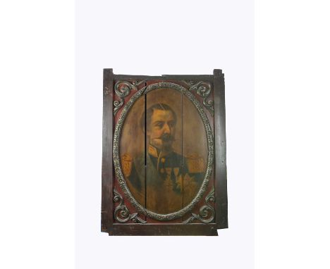 A rare late 19th century fairground painted portrait of Napoleon III, on wood panel, in original carved frame —48in. (122cm.)