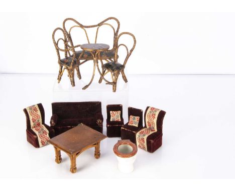 A card and velvet dolls’ house sofa and chairs,  burgundy velvet sofa —6 1/4in. (16cm.) wide and four chairs, two with applie