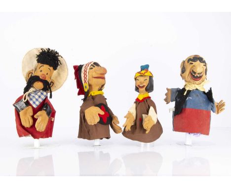 Four Chad Valley Hank the Cowboy hand-puppets, with rubber heads and hands, cloth bodies with labels in seams, comprising Han