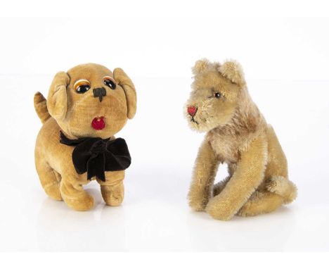 A Farnell Chloe Preston Dinkie dog 1930s, cream velvet, brown, black and white googlie glass eyes, felt tongue and swivel nec