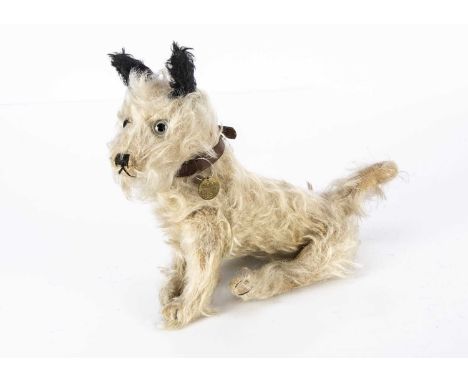 A rare J K Farnell Caesar the King’s Dog 1910-15, with white mohair, clear and black glass eyes with remains of brown painted