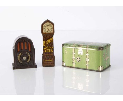 A Ridways 5 O’Clock Tea dolls’ house longcase clock sample tin, with lift off front —3 1/2in. (9cm.) high; a lithographed tin