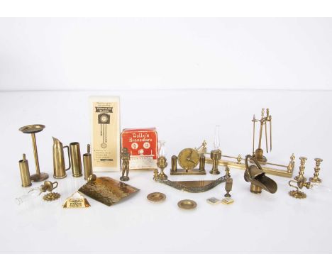 Post-war dolls’ house brasswares,  Including Dolly’s Brassware Gong, in original box; a smoker’s stand with ashtray and match