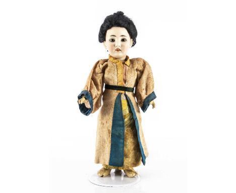A Simon &amp; Halbig 1329 Oriental child doll, with fixed brown glass slightly slanted eyes, pierced ears, black mohair wig, 