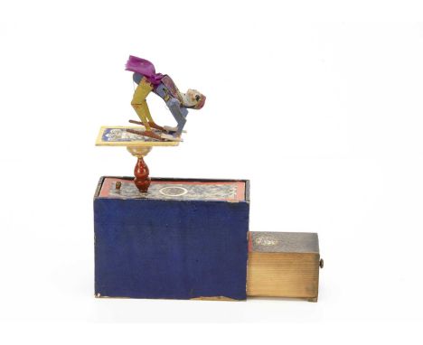 A rare mid 19th Century German composition-headed Tumbling Acrobat gravity toy, the man with Imperial beard and moustache, tu