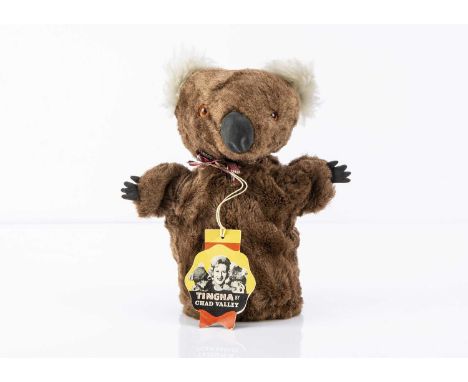 A Chad Valley ITV children’s television Tingha the koala bear hand puppet 1960s, with brown synthetic plush, orange plastic e