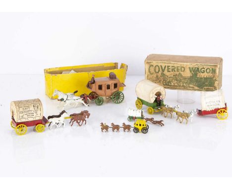 Golden Age of Cowboys and Indian die-cast covered wagons and stage coach, Morestone - coach with central wheel, box base, Cov