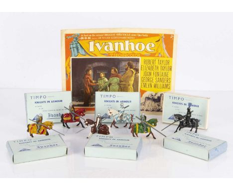 Timpo hollow-cast lead MGM film Ivanhoe Knights in Armour, six mounted figures, Ivanhoe, Ralph de Vipont, Philip de Malvoisin