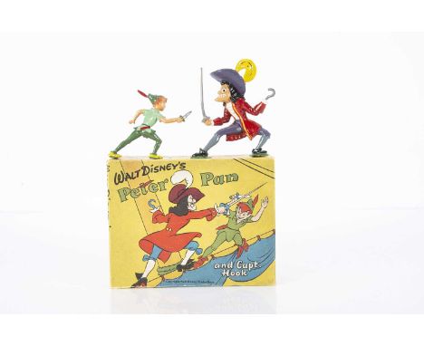 A rare Sacul hollow-cast lead Walt Disney’s Peter Pan and Captain Hook 1950s,  painted figures of them animatedly fighting, i
