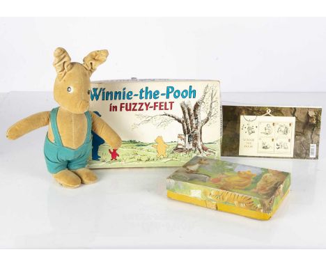 Winnie the Pooh toys, a Merrythought 1960s Piglet of cream  velvet, blue dungarees and printed white label on foot —11in. (28