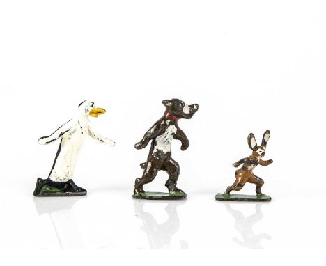 A rare Pixyland-Kew small size Pip Squeak and Wilfred 1920s, painted hollow-cast lead figures all walking to the right —1 1/4