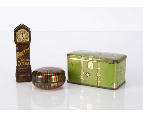 A Ridways 5 O’Clock Tea dolls’ house longcase clock sample tin, with lift off front —3 1/2in. (9cm.) high; a lithographed tin
