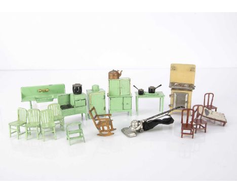 Tootsie Toy die-cast kitchen, painted green and cream comprising sink —3 1/2in. (9cm.) wide, gas cooker, dresser, fridge (hin