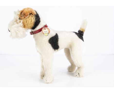 A fine post-war Steiff Foxy standing Fox Terrier,  with white, black and brown mohair, brown and black glass eyes, black stit