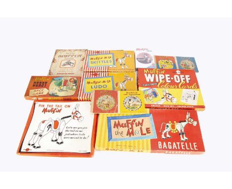 Muffin the Mule games and books, Chad Valley - Pin the Tale on Muffin, Ludo, Skittles, Bagatelle  and Wipe-Off Colour Cards, 