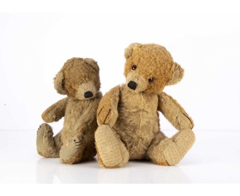 Two Chad Valley 1930's Cubby bear cubs,  one with tan and beige alpaca plush, missing eyes, black stitched nose, mouth and cl