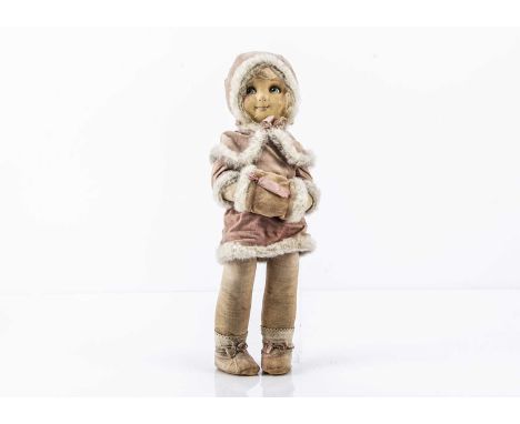 A Dean’s Rag Book Co Betty Oxo doll circa 1930, with pressed printed cloth face, blue eyes and smile, blonde mohair wig, swiv