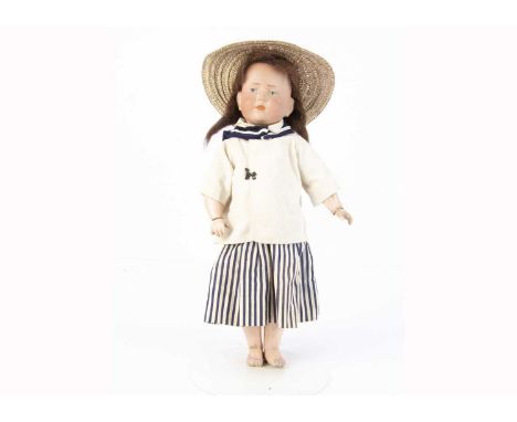 A small Kämmer &amp; Reinhardt 101 Marie character girl doll, with blue painted eyes, closed pouty mouth, light brown single 