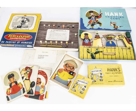 Hank the Cowboy boxed toys, a Chad Valley Hank Shooting Game, a Playcraft Oil Painting by Numbers and Pepys Party Invitations