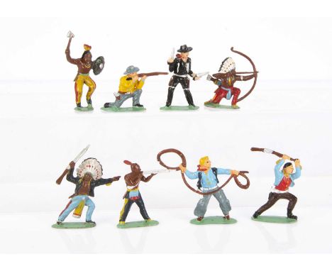 Golden Age of Cowboys and Indian 1940s-60s - Japanese metal copies of Herald figures, hand-painted on foot, three cowboys and