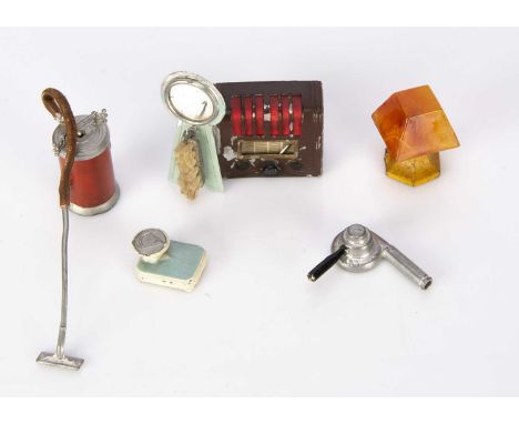 Cast-metal dolls’ house technology, German - unusual hairdryer —2 1/2in. (4cm.) long, a barrel vacuum cleaner and bathroom sc