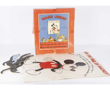 A Chad Valley Tailess Mickey 1930s, Pin the Tail on Mickey, paper on canvas poster with eight card tails, in original box —23