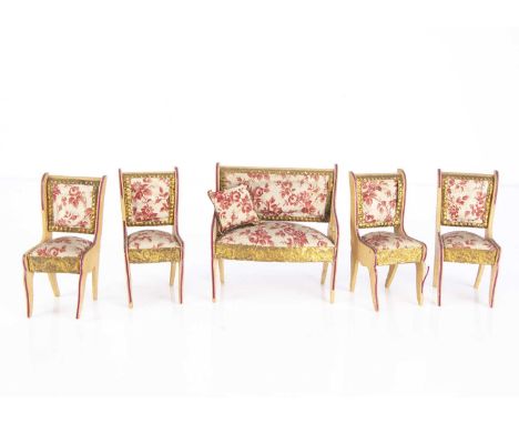 A German larger scale dolls’ house chairs, two-seated with cushion and four dinning chairs, pink floral printed cotton uphols