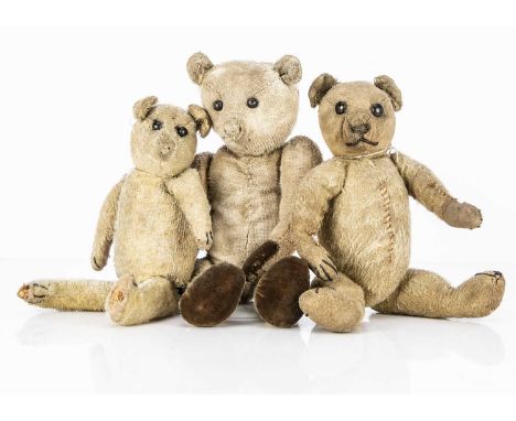 Three 1910/20's small German Teddy Bears,  one with blonde mohair, black boot button eyes, slotted in ears, remains of black 