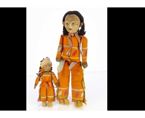 Two Norah Wellings Native American Indian dolls 1930s, both with light brown velvet pressed faces and hands, painted features